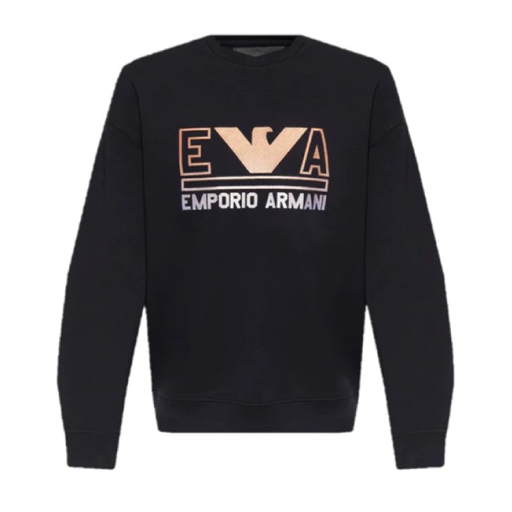 Emporio Armani Felpa Blu Navy in double jersey con maxi logo lettering e logo Aquila Arancione