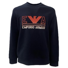 Emporio Armani Felpa Blu Navy in double jersey con maxi logo lettering e logo Aquila Rosso Arancio 