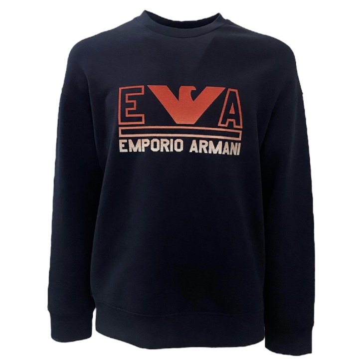 Emporio Armani Felpa Blu Navy in double jersey con maxi logo lettering e logo Aquila Rosso Arancio 