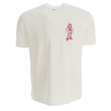 Emporio Armani T-Shirt a manica corta Bianca in jersey di cotone e Tencel  e logo Aquila Cartoon ricamato rosso