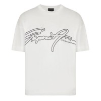 Emporio Armani T-Shirt Bianca a manica corta in jersey in misto cotone e Tencel con maxi logo lettering ricamato 