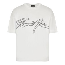 Emporio Armani T-Shirt Bianca a manica corta in jersey in misto cotone e Tencel con maxi logo lettering ricamato 