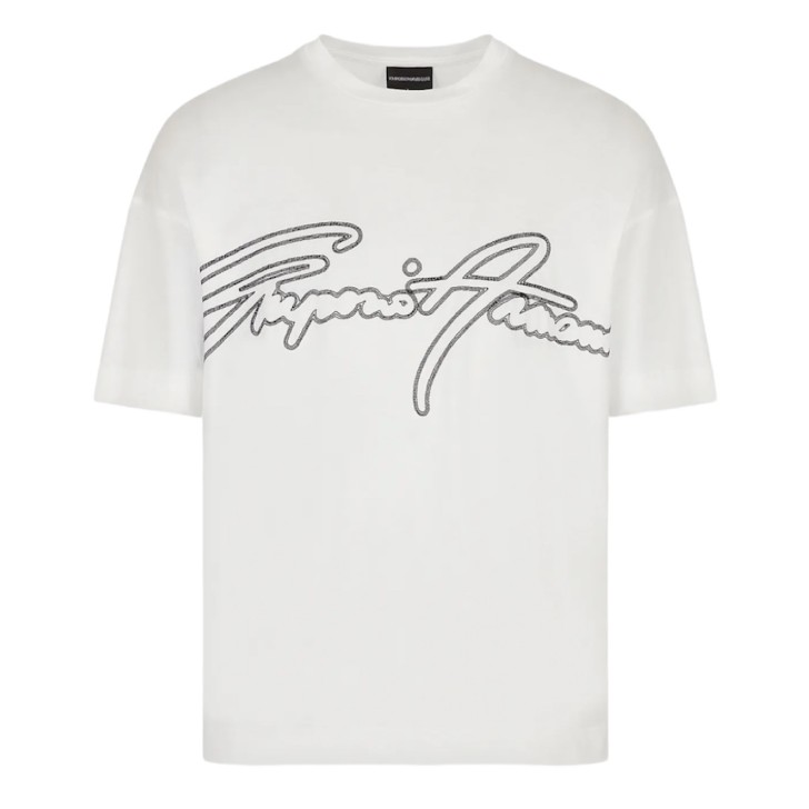 Emporio Armani T-Shirt Bianca a manica corta in jersey in misto cotone e Tencel con maxi logo lettering ricamato 
