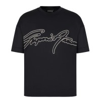 Emporio Armani T-Shirt Blu Navy a manica corta in jersey in misto cotone e Tencel con maxi logo lettering ricamato