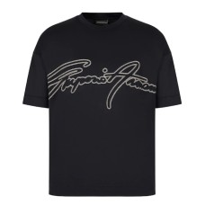 Emporio Armani T-Shirt Blu Navy a manica corta in jersey in misto cotone e Tencel con maxi logo lettering ricamato