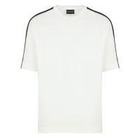 Emporio Armani T-Shirt a manica corta Bianca in jersey di cotone e misto Tencel con bande in nastro sulle spalle con logo lettering