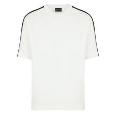 Emporio Armani T-Shirt a manica corta Bianca in jersey di cotone e misto Tencel con bande in nastro sulle spalle con logo lettering