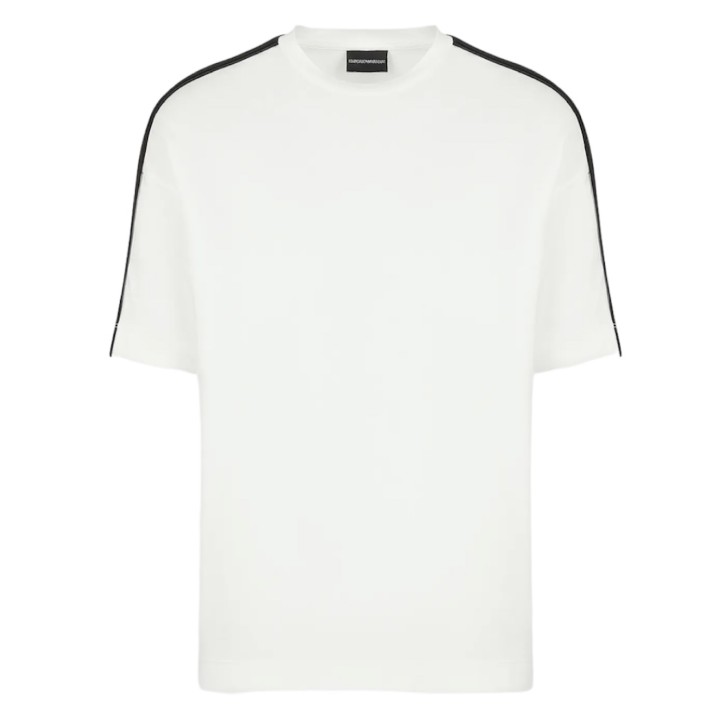 Emporio Armani T-Shirt a manica corta Bianca in jersey di cotone e misto Tencel con bande in nastro sulle spalle con logo lettering