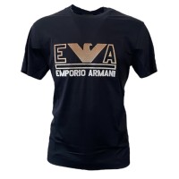 Emporio Armani T-Shirt Blu Navy a manica corta in jersey misto cotone e Tencel con maxi logo lettering e logo Aquila Arancione