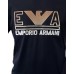 Emporio Armani T-Shirt Blu Navy a manica corta in jersey misto cotone e Tencel con maxi logo lettering e logo Aquila Arancione
