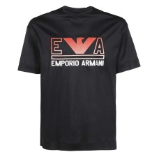 Emporio Armani T-Shirt Blu Navy a manica corta in jersey misto cotone e Tencel con maxi logo lettering e logo Aquila Rosso Arancio