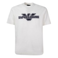 Emporio Armani T-shirt Bianca in cotone a manica corta con maxi patch logo Aquila e logo lettering