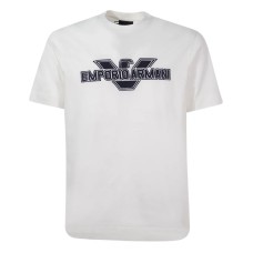Emporio Armani T-shirt Bianca in cotone a manica corta con maxi patch logo Aquila e logo lettering
