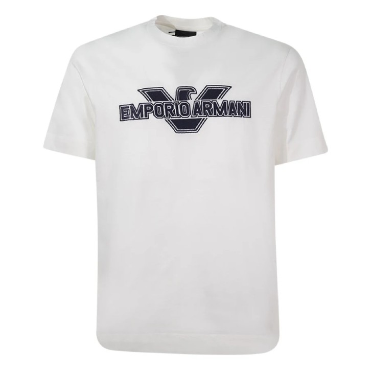 Emporio Armani T-shirt Bianca in cotone a manica corta con maxi patch logo Aquila e logo lettering