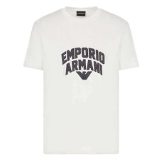 Emporio Armani T-Shirt Bianca a manica corta in jersey misto Tencel con maxi patch logo Aquila e logo lettering