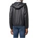 EMPORIO ARMANI BLOUSON JACKET IN PELLE BLU NAVY CON CAPPUCCIO E PATCH CON LOGO AQUILA