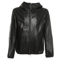 EMPORIO ARMANI BLOUSON JACKET IN PELLE BLACK CON CAPPUCCIO E PATCH CON LOGO AQUILA