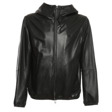 Emporio Armani Giubbotto Bomber in pelle Nero con cappuccio e patch logo Aquila 