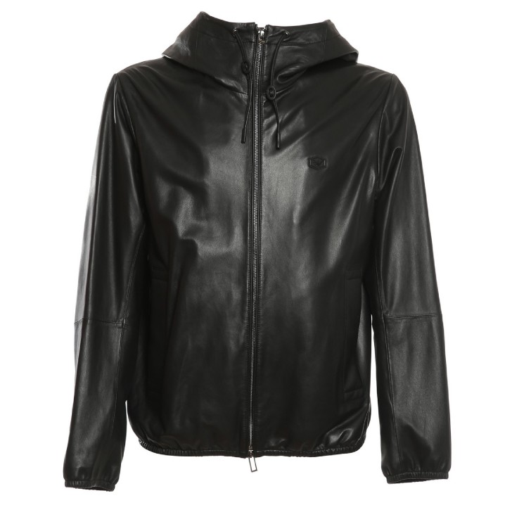 EMPORIO ARMANI BLOUSON JACKET IN PELLE BLACK CON CAPPUCCIO E PATCH CON LOGO AQUILA