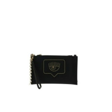 Chiara Ferragni Pochette Nera Logo EYELIKE con borchie oro, laccio da polso e tracolla estraibile
