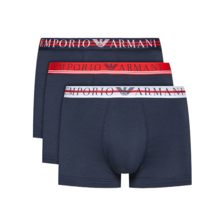 Emporio Armani Set 3 Boxer in cotone elasticizzato blu con vita elastica e logo lettering