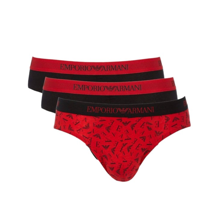 Emporio Armani Set 3 Slip NERO/ROSSO/NERO in cotone stretch con vita elastica e logo lettering 