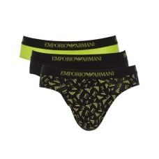 Emporio Armani Set 3 Slip Nero/Lime in cotone stretch con vita elastica e logo lettering 