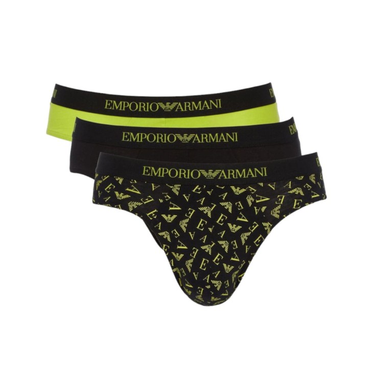 Emporio Armani Set 3 Slip Nero/Lime in cotone stretch con vita elastica e logo lettering 