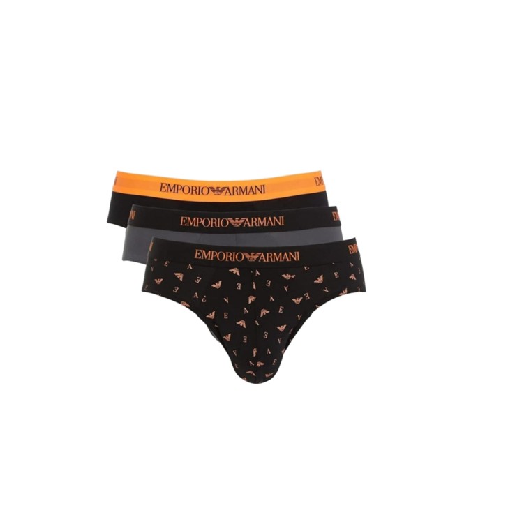 Emporio Armani Set 3 Slip black/orange/grey in cotone stretch con vita elastica e logo lettering