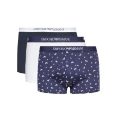 Emporio Armani Set 3 Boxer in cotone elasticizzato blu/bianco con vita elastica e logo lettering