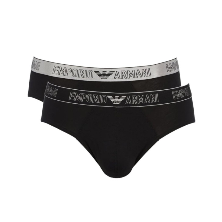 Emporio Armani Set 2 Slip black/black in cotone stretch con vita elastica e logo lettering
