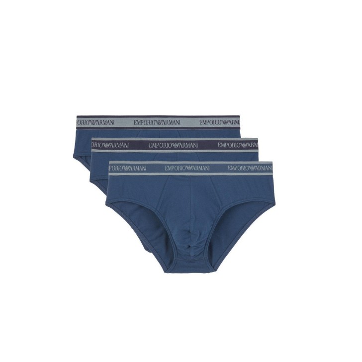 Emporio Armani Set 3 Slip Blu in cotone stretch con vita elastica e logo lettering