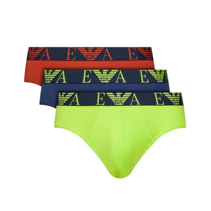 Emporio Armani Set 3 Slip in cotone elasticizzato vita elastica con logo bold monogram RUGGINE/LIME/BLU