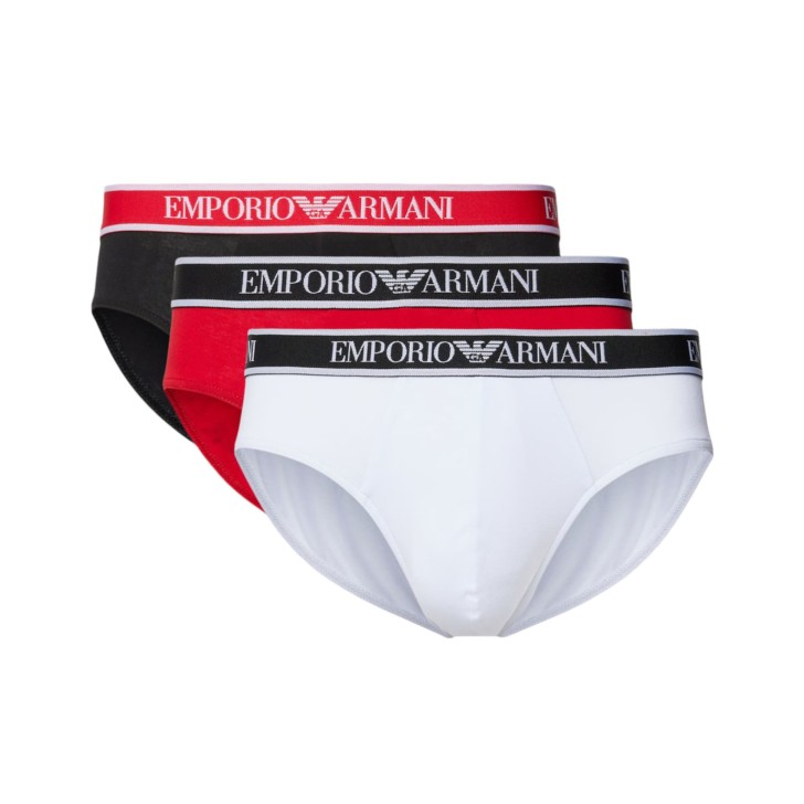 Emporio Armani Set 3 Slip in cotone stretch con vita elastica e logo lettering BIANCO/NERO/ROSSO