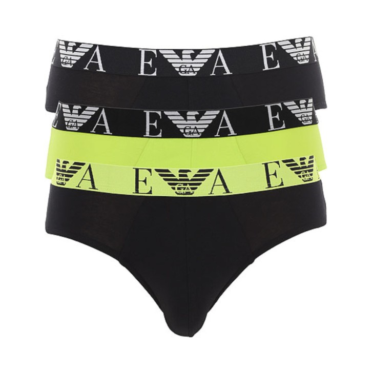 Emporio Armani Set 3 Slip Black/Lime in cotone elasticizzato vita elastica con logo bold monogram