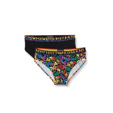 Emporio Armani Set 2 Slip black  in cotone stretch con vita elastica e logo lettering multicolor