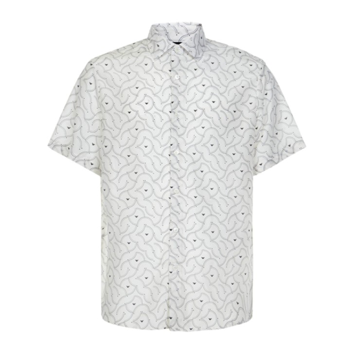 Emporio Armani Camicia OVER FIT Bianca a manica corta da Uomo con stampa onde e logo Aquila All Over