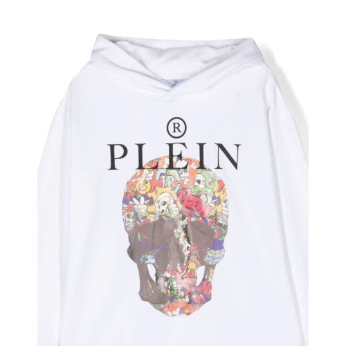 Philipp Plein Felpa bianca in cotone con cappuccio con logo PLEIN e teschio stampato