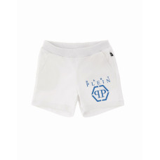 Philipp Plein Pantaloncino bianco in cotone con Logo stampato azzurro