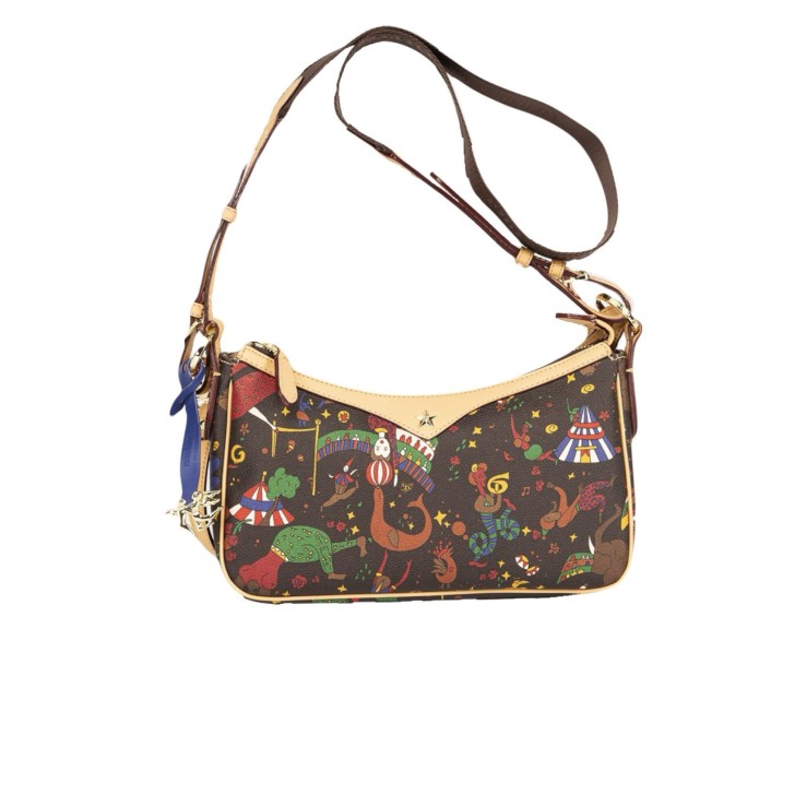 Piero Guidi borsa marrone con stampa magic circus 