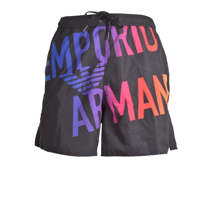 Emporio Armani Boxer da mare Nero in tessuto riciclato con maxi logo bold multicolore