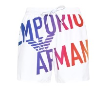 Emporio Armani Boxer da mare Bianco in tessuto riciclato con maxi logo bold multicolore