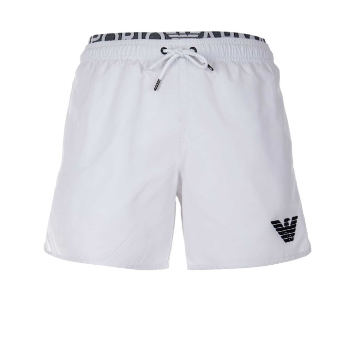 Emporio Armani Boxer da Mare Bianco in tessuto riciclato con coulisse e vita elasticizzata logata