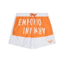 EMPORIO ARMANI BOXER DA MARE WHITE CON MAXI BANDA ORANGE LOGO LETTERING E LOGO AQUILA ORANGE