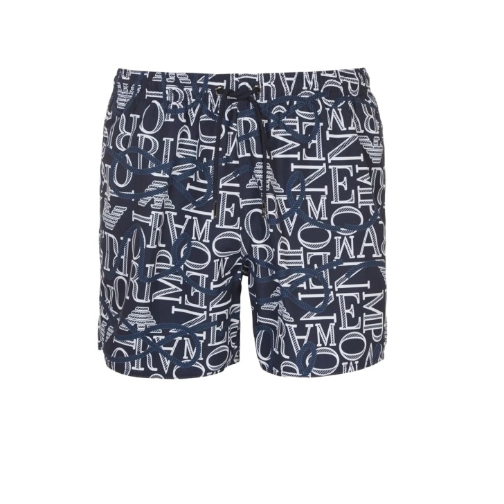 EMPORIO ARMANI BOXER DA MARE BLU NAVY CON STAMPA LETTERING ALL OVER WHITE