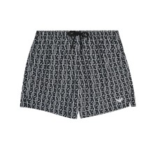 EMPORIO ARMANI BOXER DA MARE BLACK CON STAMPA EA ALL OVER WHITE E LOGO AQUILA RICAMATO 
