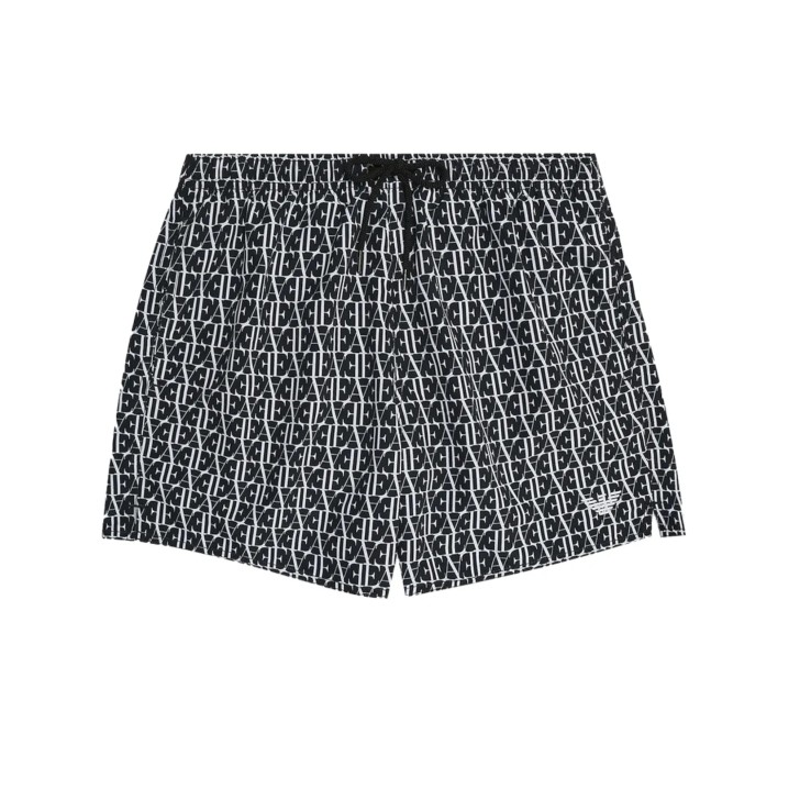 EMPORIO ARMANI BOXER DA MARE BLACK CON STAMPA EA ALL OVER WHITE E LOGO AQUILA RICAMATO 