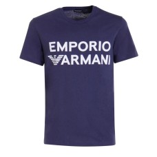 Emporio Armani T-Shirt a manica corta in cotone Blu con maxi logo lettering bianco 