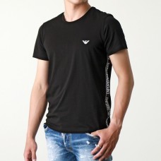 Emporio Armani T-Shirt Nera a manica corta con logo Aquila ricamato nella parte anteriore e bande ai lati in nastro con logo lettering