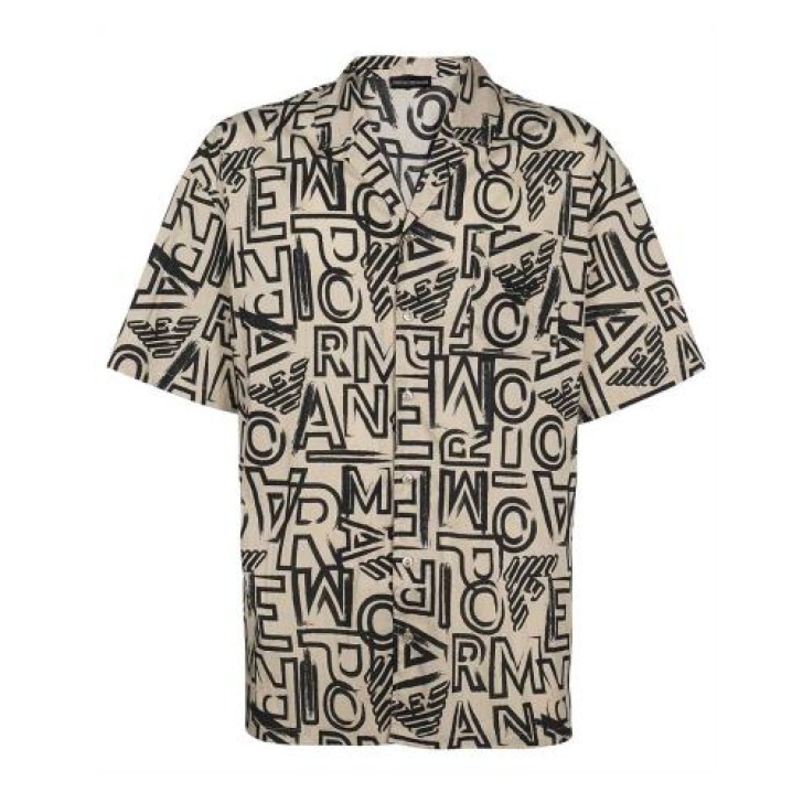Emporio Armani Camicia a manica corta Blu con taschino con logo Aquila ricamato e stampa logo lettering All Over